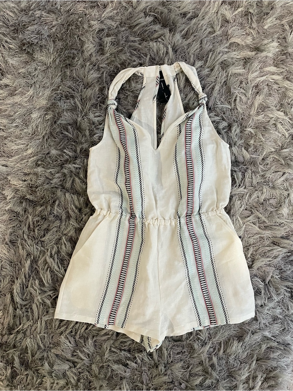 Dolce Vita Natural Halter Linen Romper with Black and Pink Pattern